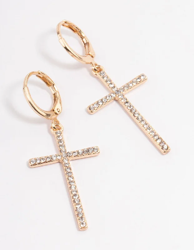 Statement earrings with colorful gemstones-Gold Diamante Cross Huggie Earrings