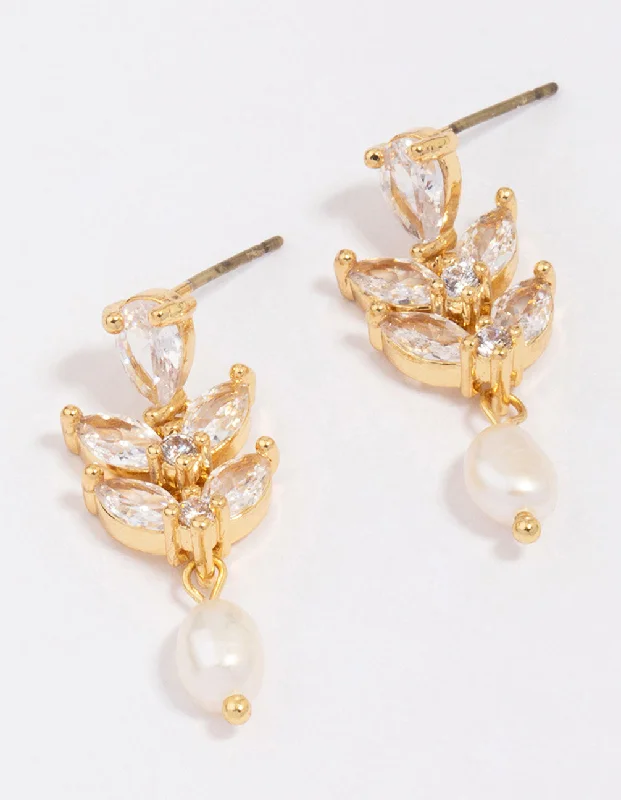 Classic diamond drop earrings for women-Gold Plated Double Leaf Pearl Drop Earrings