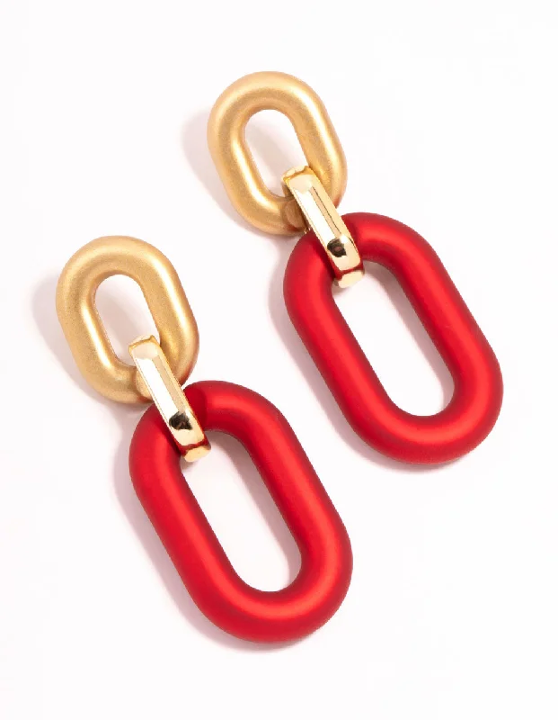 Stunning silver earrings with diamonds-Red Coated Metal Pearlised Link Drop Earrings