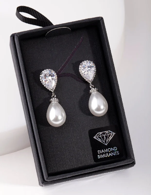 Custom earrings with heart-shaped stones-Silver Diamond Simulant Pearl Drop Earring