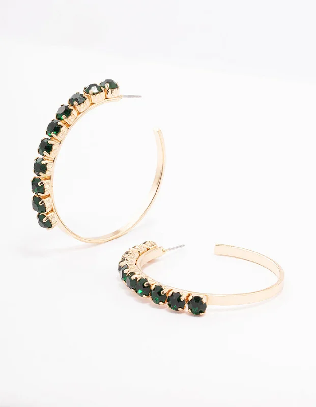 Modern stud earrings for women-Green Round Diamante Medium Hoop Earrings