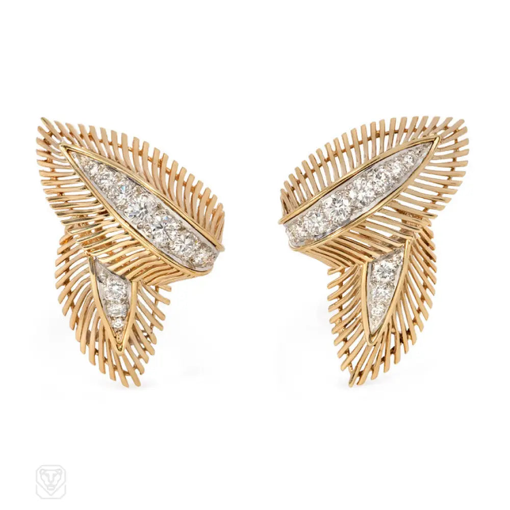 Designer earrings with intricate designs-Gold and diamond leaf earrings/dress clips