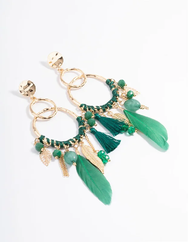 Stunning silver earrings with diamonds-Gold Thread Bead Green Feather Earrings