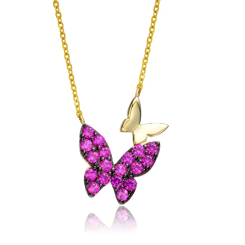 Unique necklaces with moonstones-Sterling Silver 14k Yellow Gold Plated with Ruby Cubic Zirconia Double Butterfly Layering Necklace