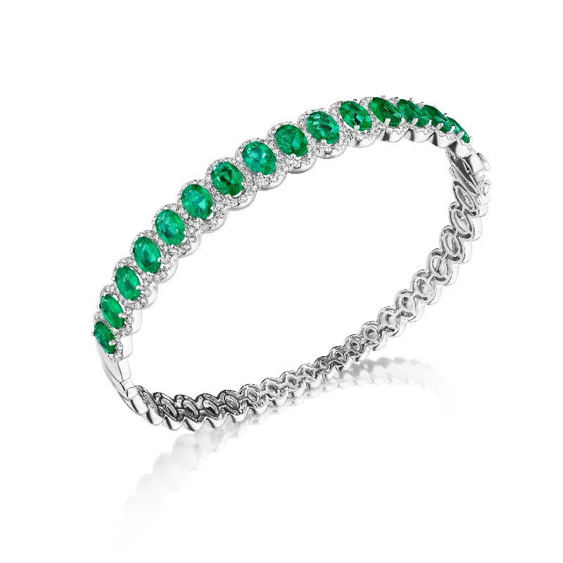 Classic sterling silver bracelets-Oval Emerald & Round Diamond Bangle