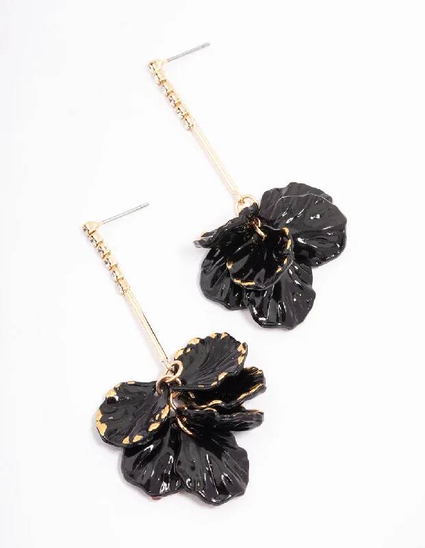 Stunning earrings with black onyx stones-Black Cup Chain Large Petal Drop Earrings