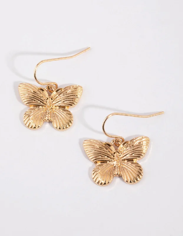 Unique earrings with colorful beads-Gold Butterfly Drop Earrings