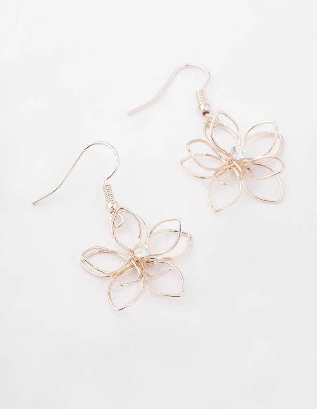 Trendy hoop earrings for women-Rose Gold Diamante Wire Flower Drop Earrings