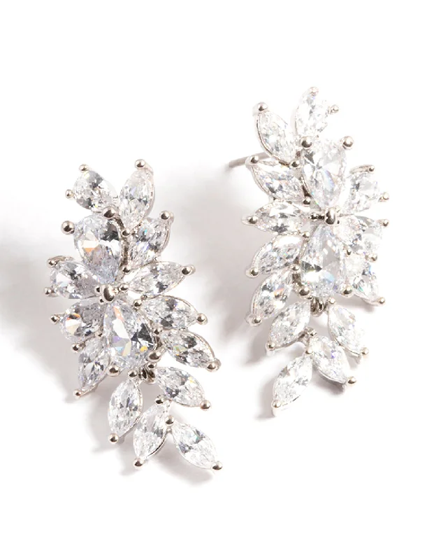 Elegant earrings for brides-Silver Diamond Simulant Floral Drop Earrings