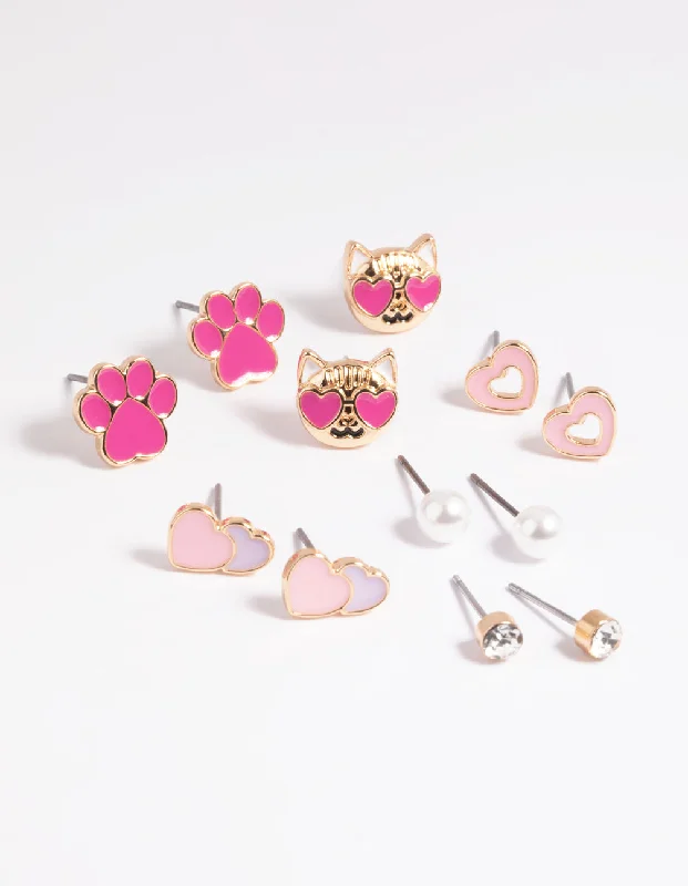 Gorgeous earrings with citrine accents-Kids Love Cat Stud Earring 6-Pack