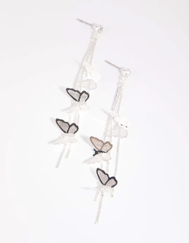 Trendy ear cuffs for women-Silver Butterfly Drop Earrings