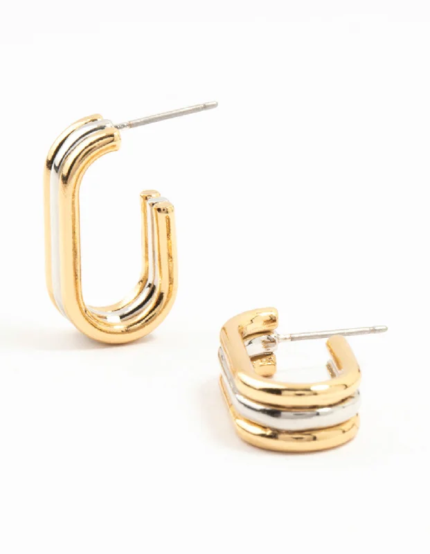 Simple silver stud earrings for women-Mixed Metals Silver & Gold Plated Oval Hoop Earrings