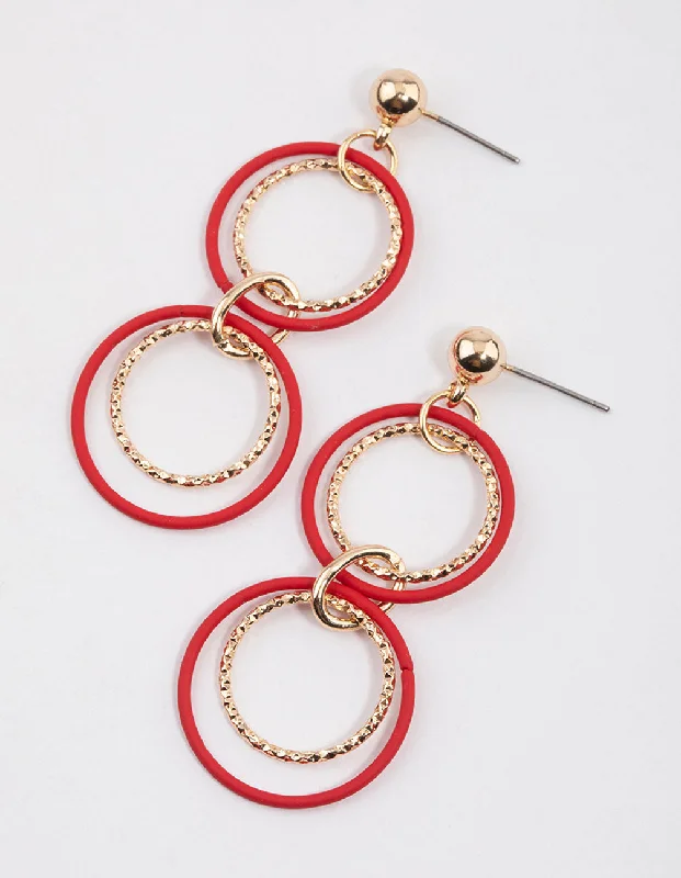 Simple gold stud earrings-Red Multi Open Circle Drop Earrings