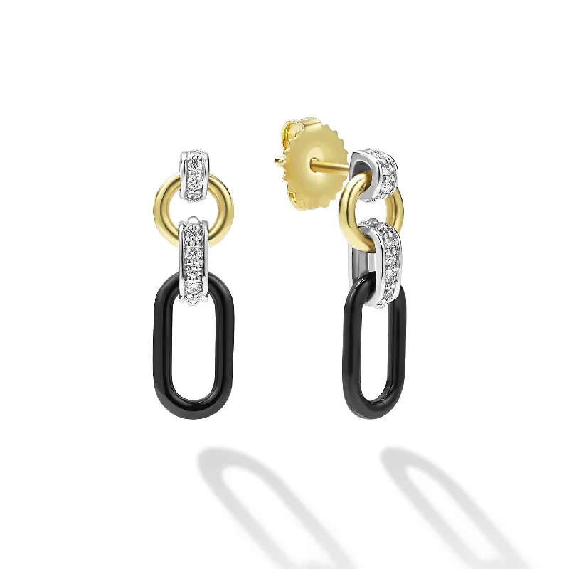 Stunning earrings with black onyx stones-Signature Caviar Small 18K Gold and Black Ceramic Diamond Link Drop Earrings