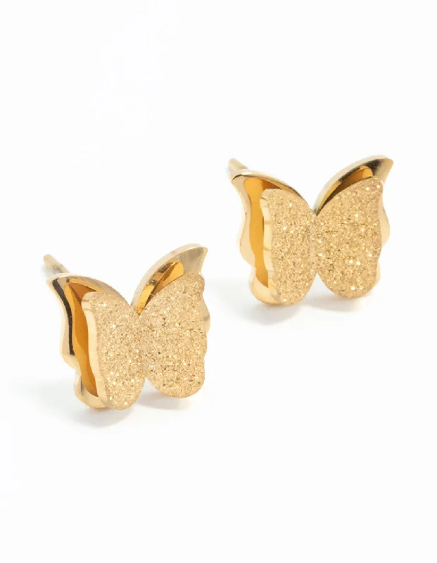 Elegant earrings with emeralds-Waterproof Gold Plated Stainless Steel Butterfly Stud Earrings