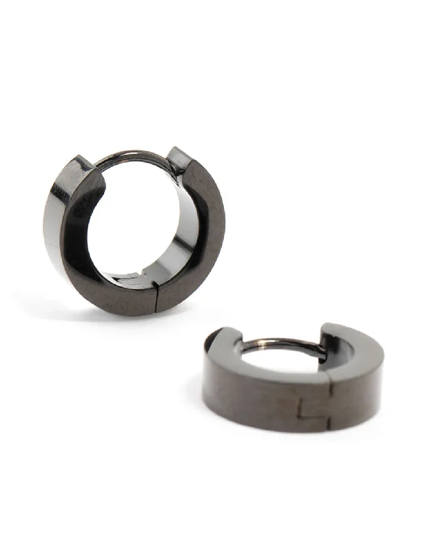 Affordable gold earrings for women-Waterproof Black Coated  Stainless Steel Wide Huggie Earrings