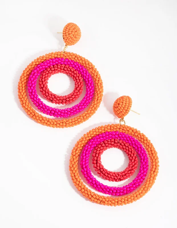 Chic earrings with floral designs-Beaded Triple Circle Drop Earrings