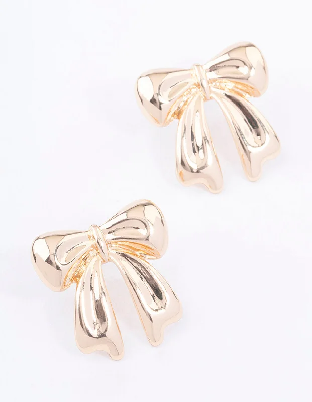 Elegant drop earrings for women-Gold Chubby Bow Stud Earrings