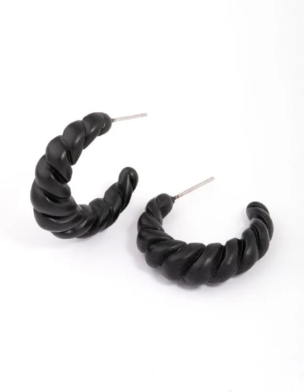 Beautiful silver earrings with sapphires-Black Twisted Rope Hoop Earrings