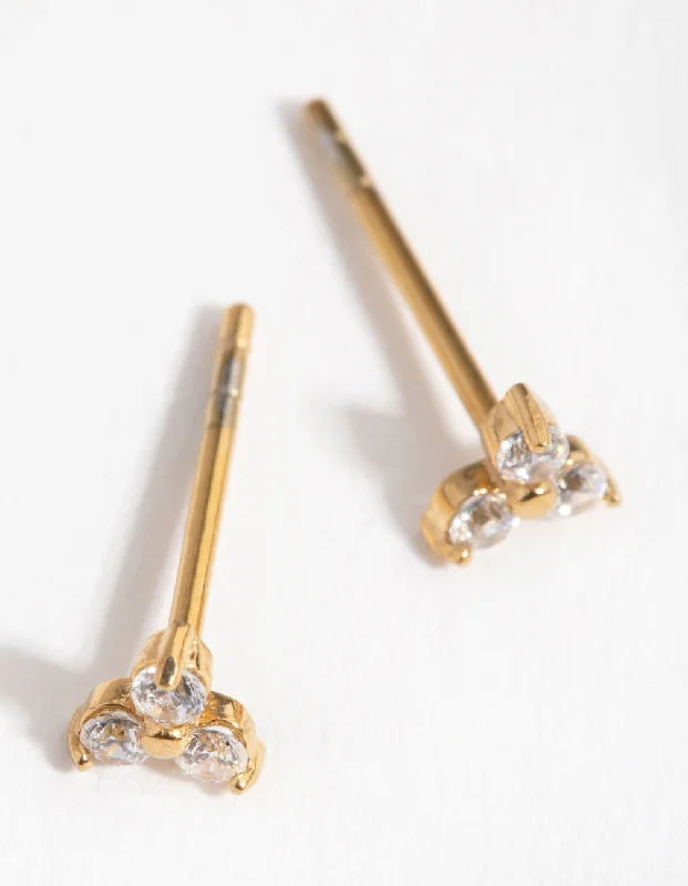 Classic silver earrings with gemstones-24 Carat Gold Plated Surgical Steel Cubic Zirconia Trio Cluster Stud Earrings