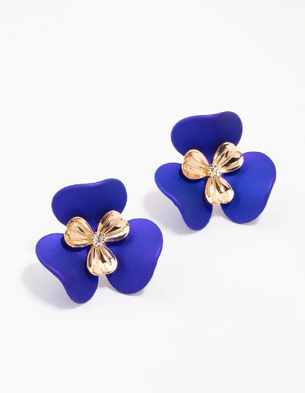 Stunning gold earrings with turquoise stones-Large Acrylic Blue Flower Stud Earrings