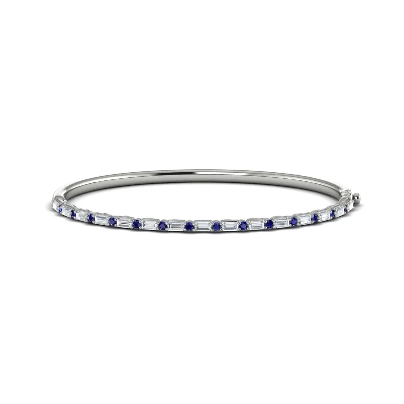 Simple bangle bracelets for casual wear-Diamond Baguette and Blue Sapphire Hinged Bangle