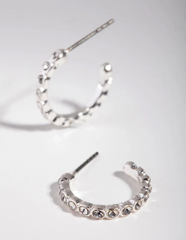 Simple earrings with diamonds-Silver Diamante Front Huggie Earrings