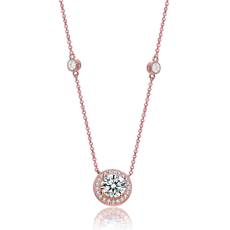 Elegant gemstone necklaces with gold chains-Sterling Silver with Rose Gold Plated Halo Clear Round Cubic Zirconia Chain Necklace