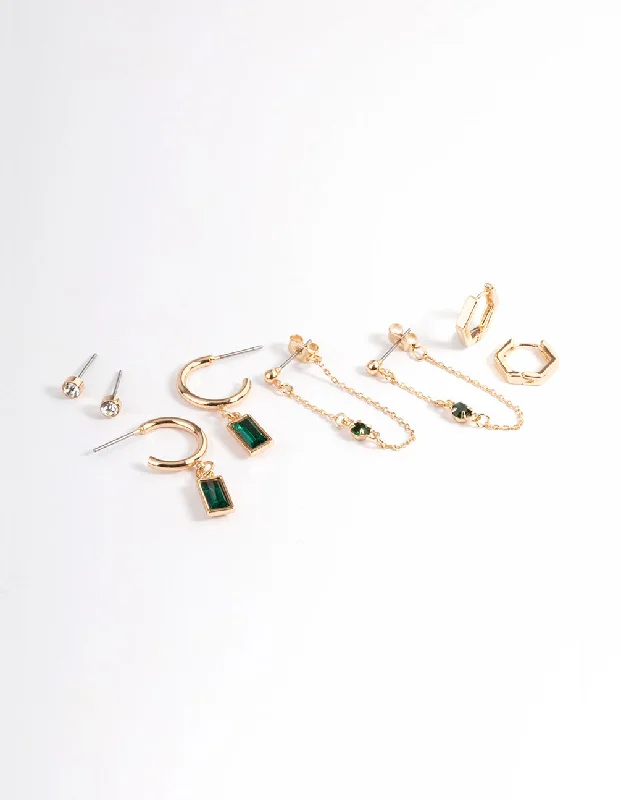 Personalized earrings with name engravings-Green Diamante Baguette Earrings 4-Pack