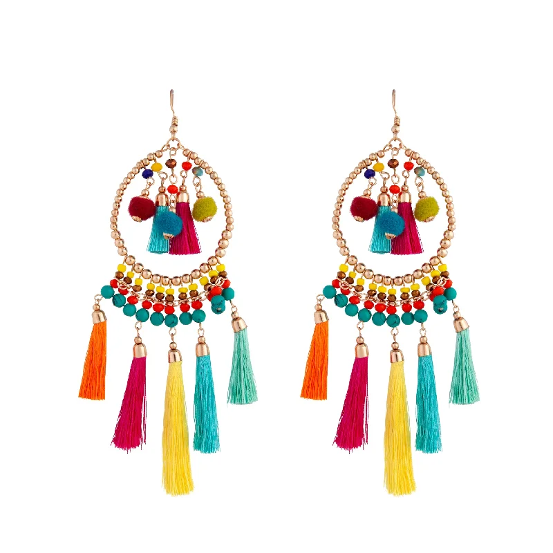 Simple earrings with diamonds-Mixed Brights Beaded Hoop With Pom Pom & Tassel Accents