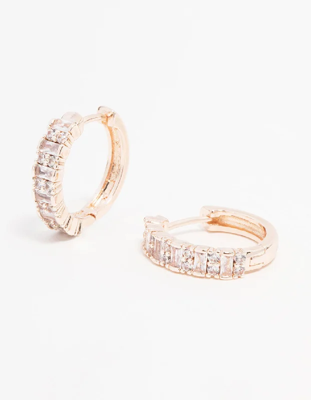 Beautiful earrings with amethyst stones-Rose Gold Plated Cubic Zirconia Pave Baguette Hoop Earrings