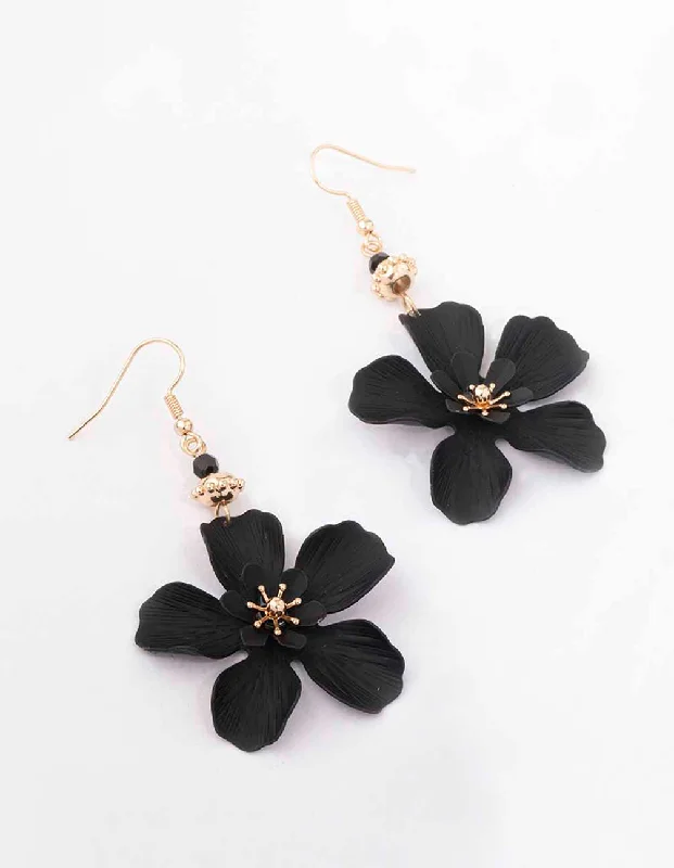 Classic pearl earrings for women-Black Bead Drop Matte Flower Drop Earrings