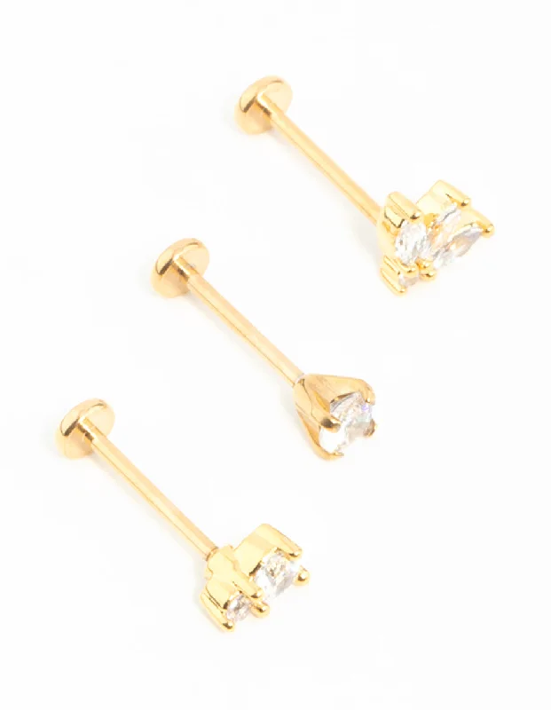 Designer earrings with intricate designs-Gold Plated Surgical Steel Double Cubic Zirconia Flat Backs 3-Pack