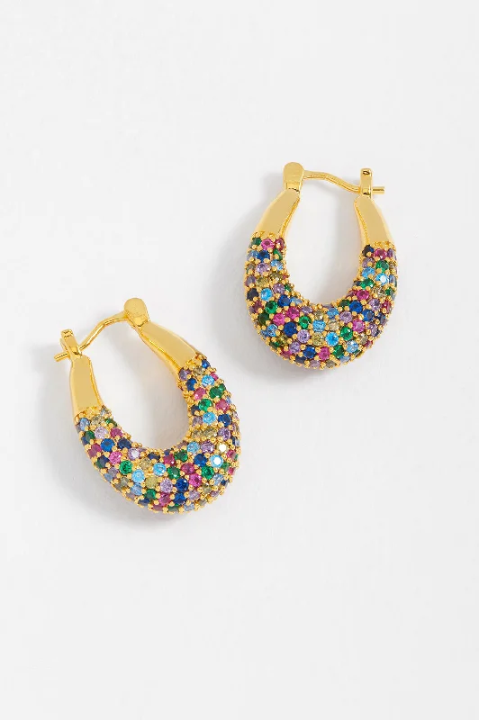 Unique gemstone earrings for women-Rainbow CZ Chubby Oval Hoops