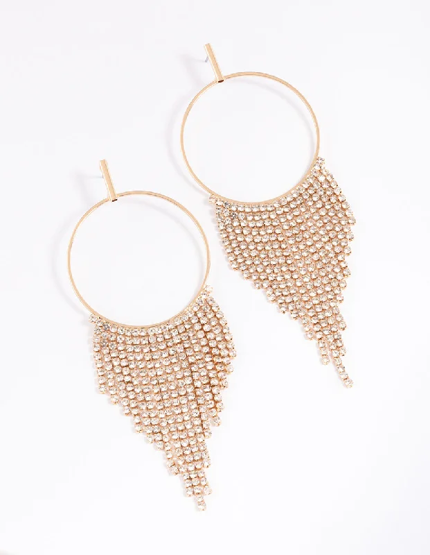 Custom-designed earrings for women-Gold Diamante Drop Cup Chain Earrings