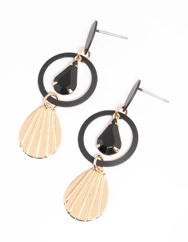 Elegant earrings with ruby accents-Black Teardrop Circle & Fan Drop Earrings