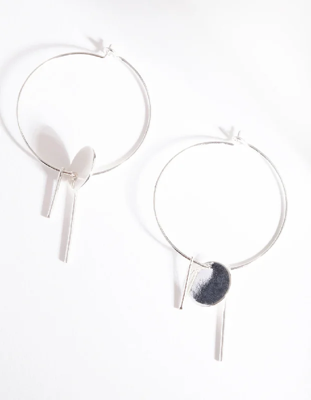 Affordable silver earrings for women-Silver Disc & Line Hoop Earrings