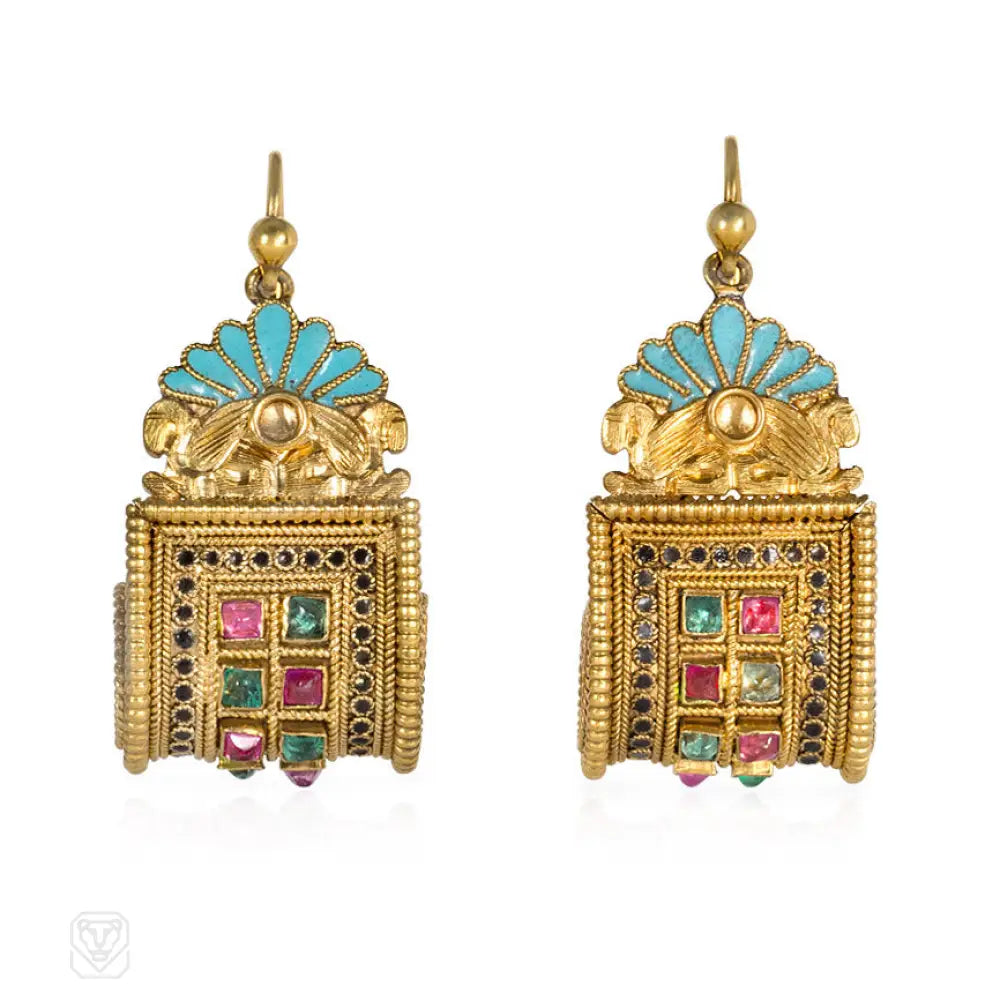 Beautiful dangle earrings for women-Antique gold, enamel and multigem earrings