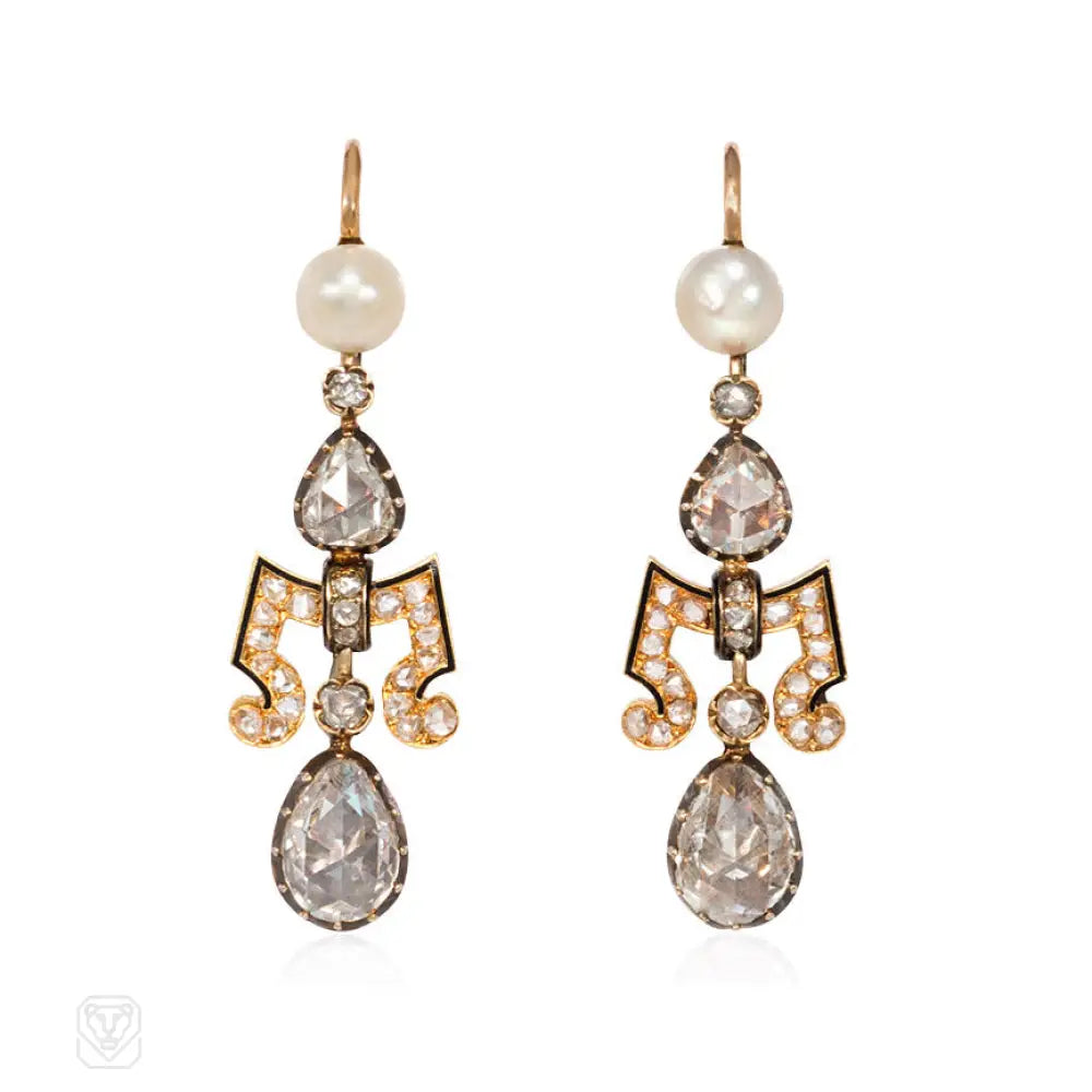 Classic diamond drop earrings for women-Antique gold, diamond, and pearl earrings