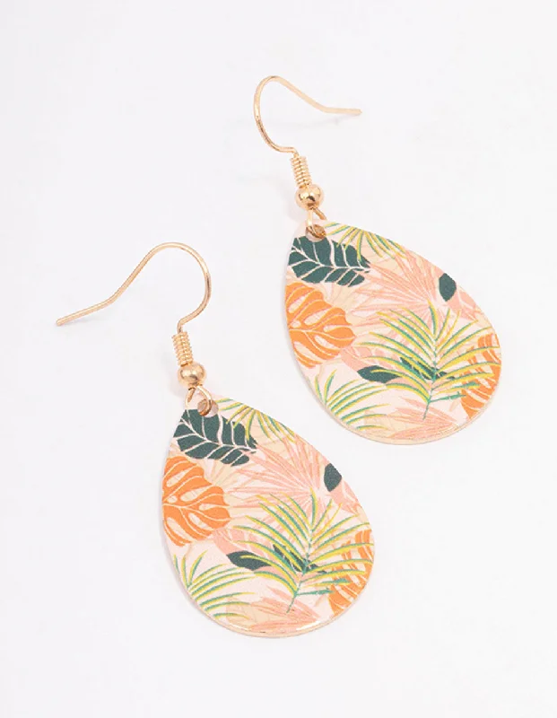 Custom earrings with birthstone settings-Gold Pear Leaf Print Drop Earrings