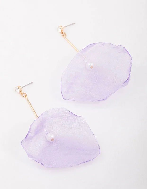 Elegant long earrings for women-Lilac Diamante & Pearl Fabric Flower Drop Earrings