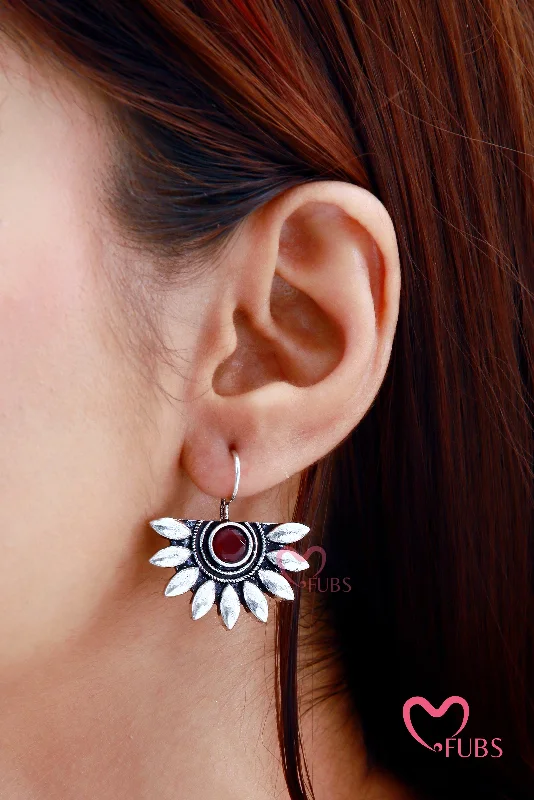 Beautiful earrings with amethyst accents-Stone Studded Oxidized Half Sunflower Earrings