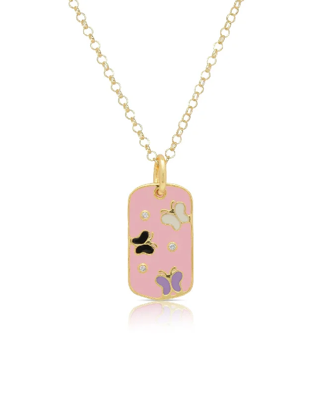 Necklaces with intricate designs-Dog Tag Pendant with CZ and Butterflies