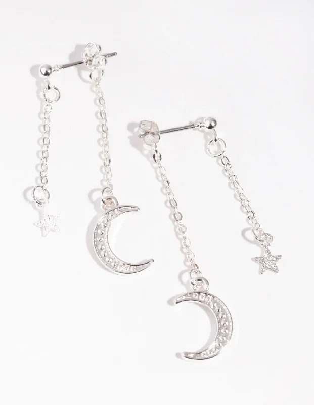 Chic earrings with floral designs-Silver Front Back Moon Earrings