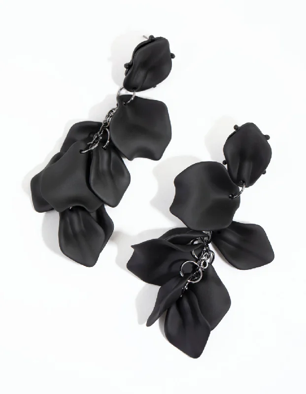 Affordable gold earrings for women-Matte Black Petal Drop Earrings