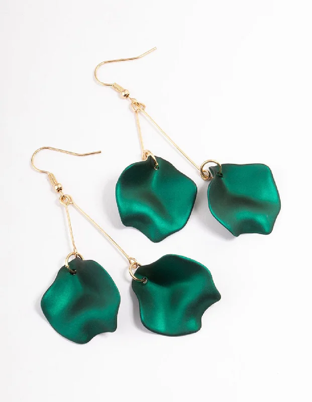 Trendy earrings with mixed metals-Green Double Petal Stick Drop Earrings