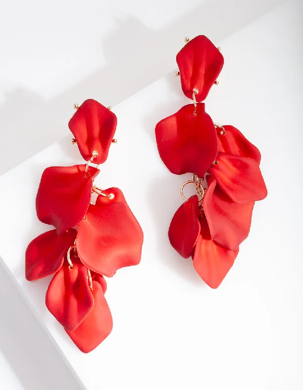 Beautiful earrings with zirconia stones-Red Coated Metal Petal Drop Earrings