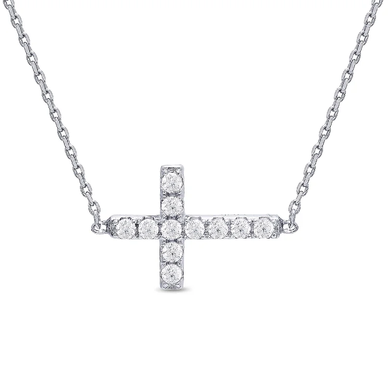 Elegant gemstone necklaces with gold chains-Sideways Cross CZ Necklace in Sterling Silver