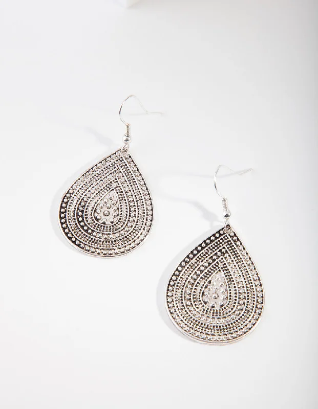 Stylish gold earrings with garnet stones-Antique Silver Teardrop Earrings