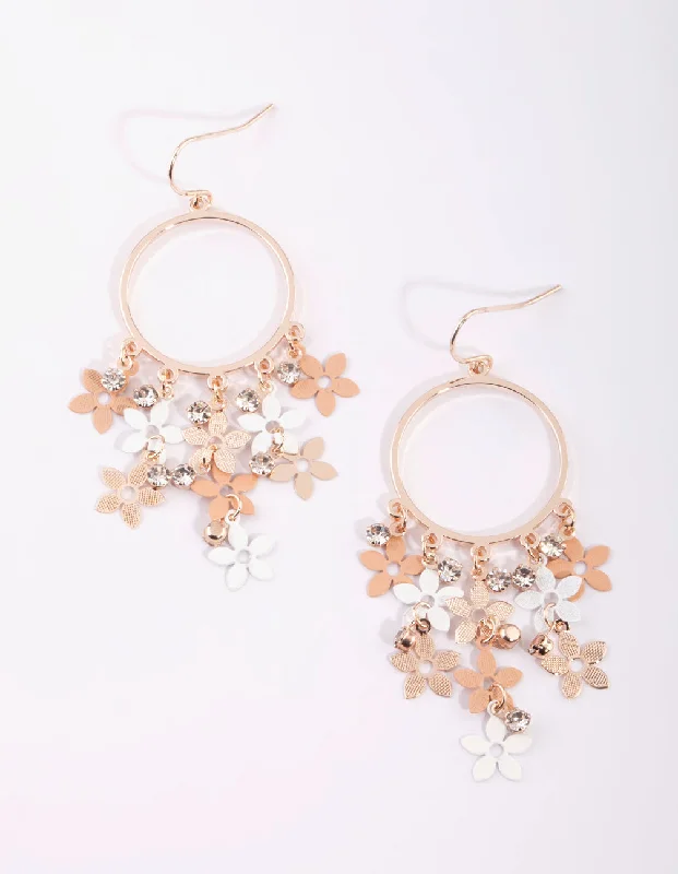 Statement earrings with colorful gemstones-Rose Gold Cascading Flower Drop Earrings